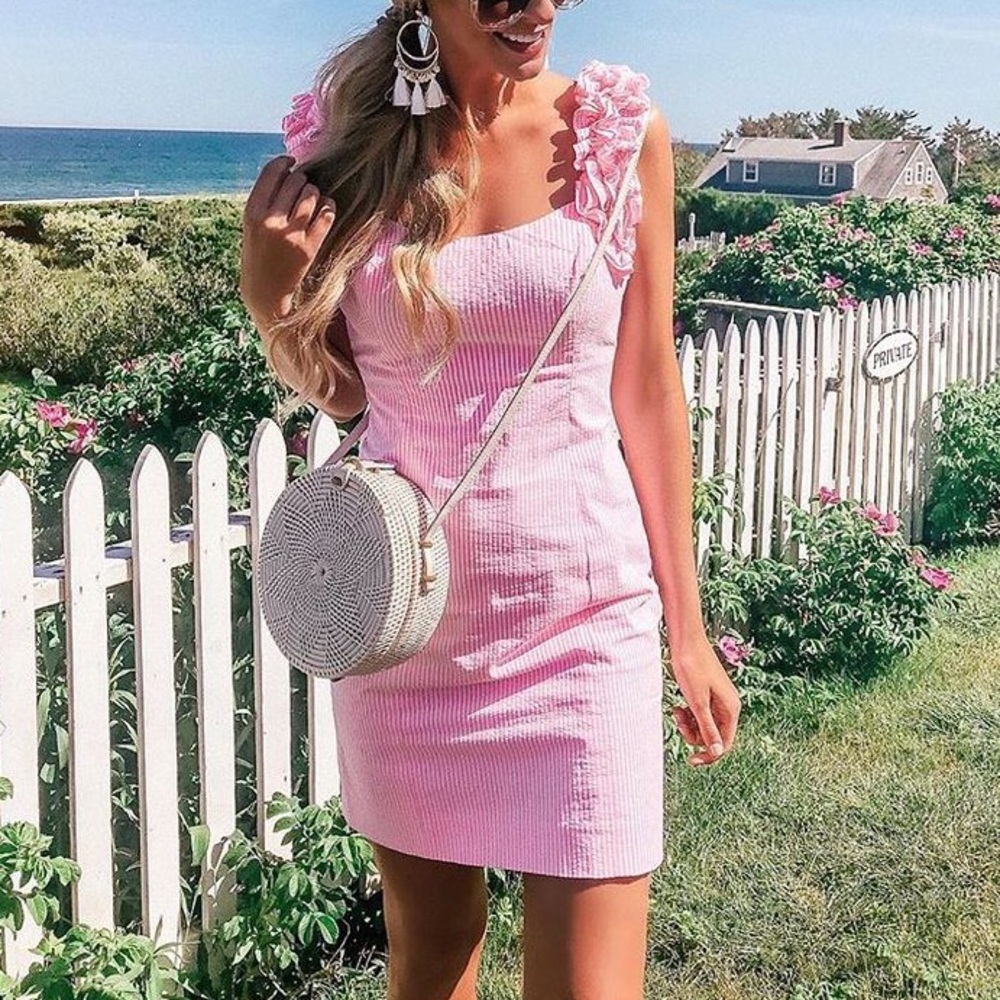 Lilly Pulitzer Devina Ruffle Sleeve Dress in Pink Yarn Seersucker Size 2